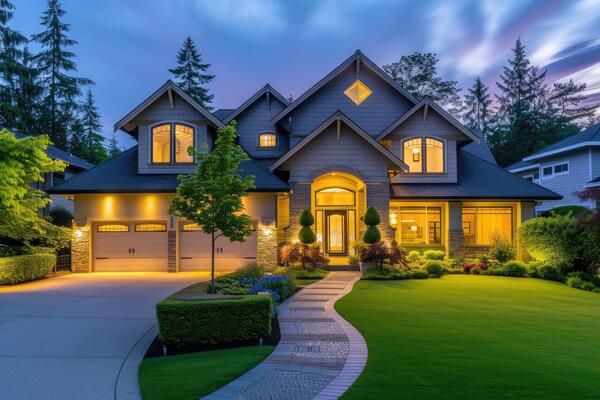 ai generated beautiful home exterior in evening with glowing interior lights and landscaping photo